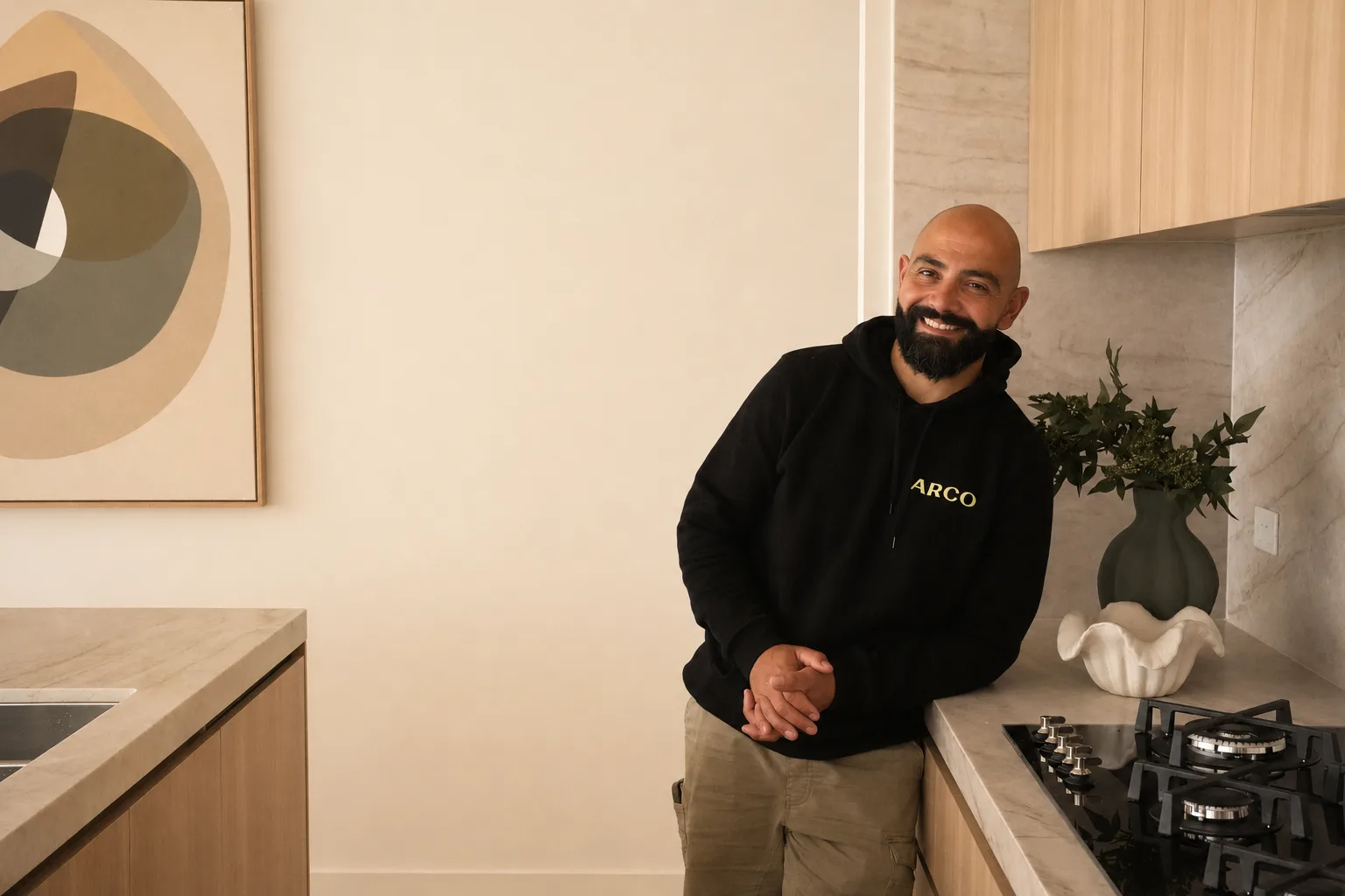 An ARCO team member standing in a completed kitchen