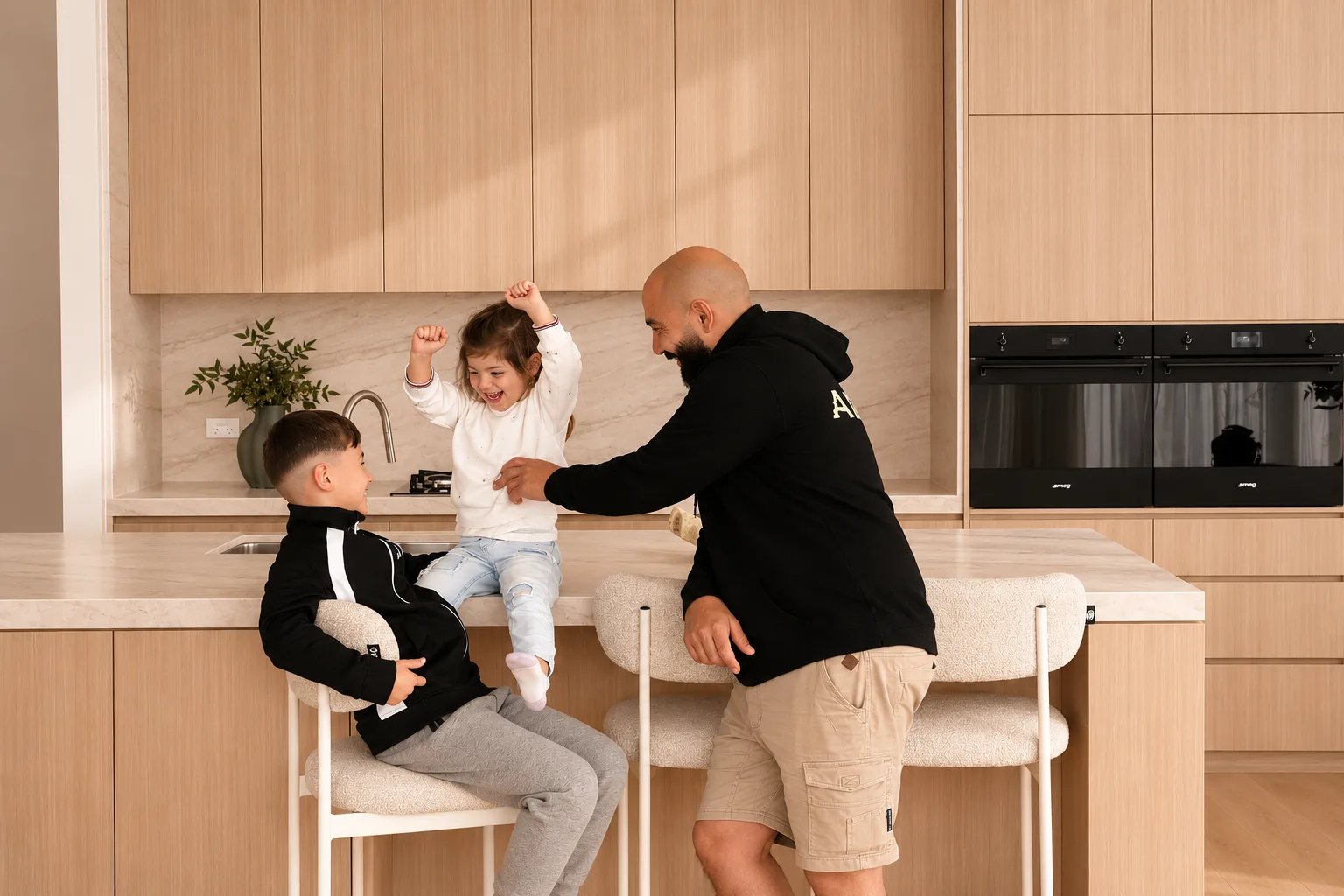 A family in a completed ARCO kitchen