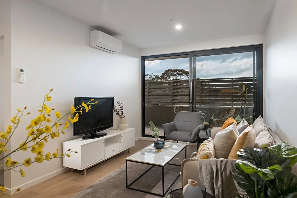The Elm, Moonee Ponds: apartment living room opening to the balcony